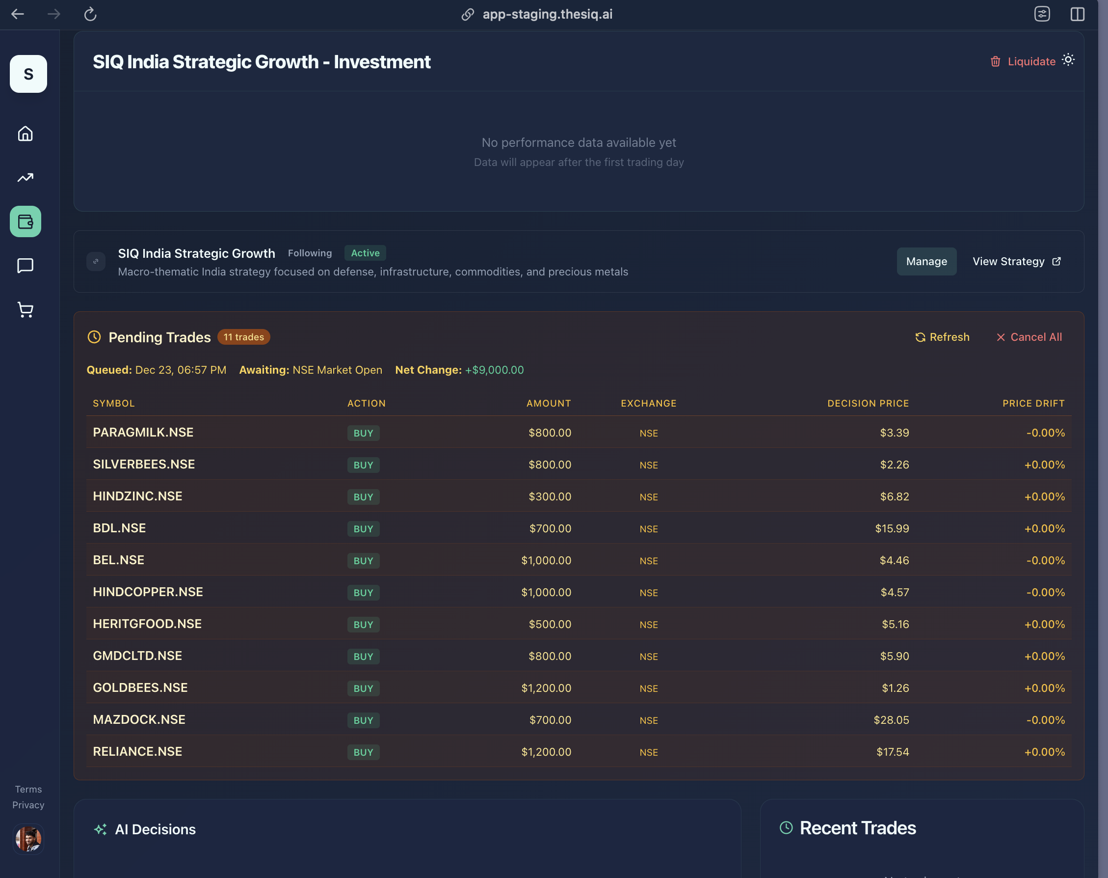 SIQ Pending Trades panel showing 11 queued trades for Indian stocks awaiting NSE market open, with symbols like PARAGMILK.NSE, SILVERBEES.NSE, and RELIANCE.NSE displaying decision prices and price drift columns